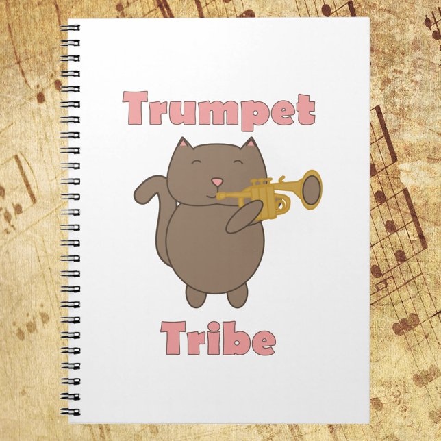Trumpet Tribe Cute Cat Pink Notebook (A notebook featuring a brown cat playing the trumpet with the words trumpet tribe in pink.)