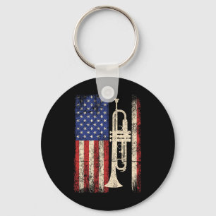 Trumpet Usa American Flag Shirt Jazz Music Vintage Key Ring
