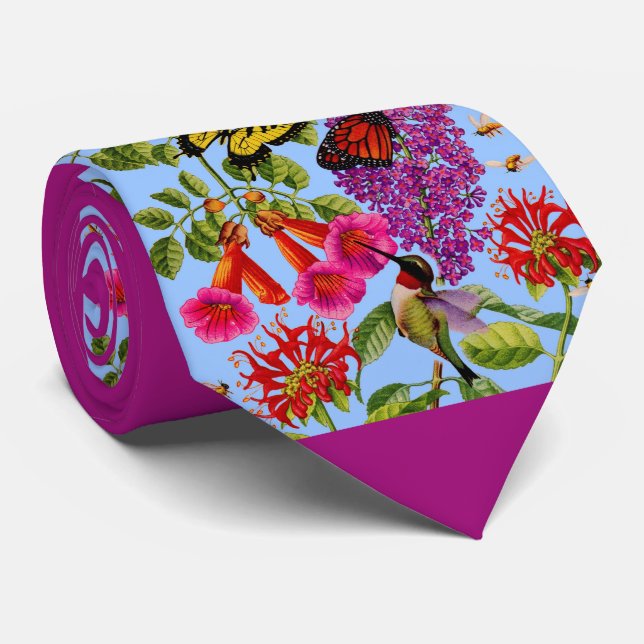 trumpet vine, butterfly bush, hummingbird print tie (Rolled)