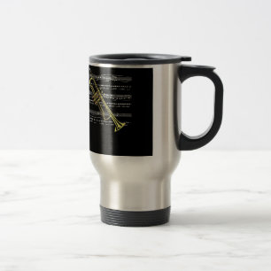 Trumpet with Sheet Music and Black Background Travel Mug