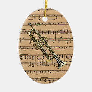 Trumpet With Sheet Music Background Ceramic Tree Decoration