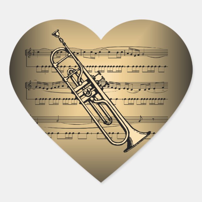 Trumpet With Sheet Music Background Heart Sticker (Front)