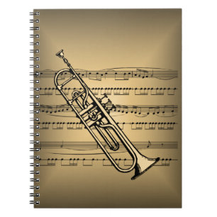 Trumpet With Sheet Music Background Notebook