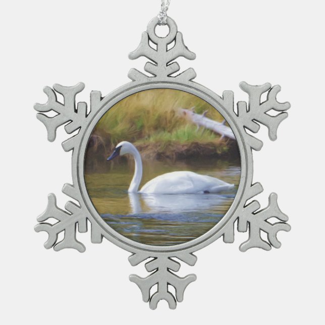 Trumpeter Swan Snowflake Pewter Christmas Ornament (Front)