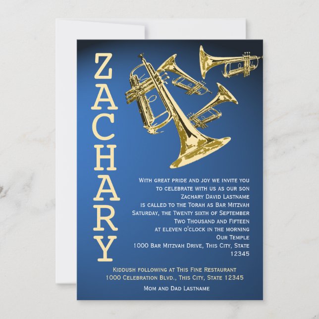 Trumpets Music Blue Gold Bar Mitzvah Invitation (Front)
