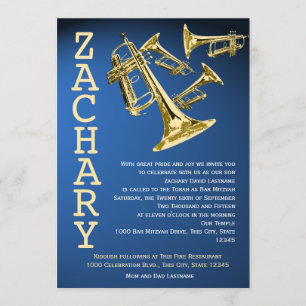 Trumpets Music Blue Gold Bar Mitzvah Invitation