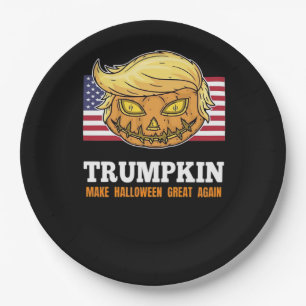 Trumpkin Halloween Pumpkin With Flag Scary Design Paper Plate