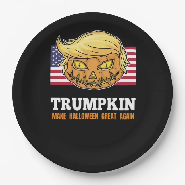 Trumpkin Halloween Pumpkin With Flag Scary Design  Paper Plate (Front)
