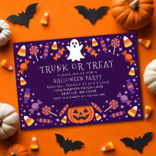 Trunk or Treat Candy Purple Kids Halloween Party Invitation
