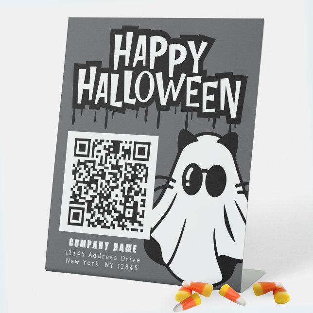 Trunk or Treat Cool Ghosts Business Thank Pedestal Sign (Cool Ghost Trunk or Treat Standing Business QR Code Display Sign in Grey, Black & White)