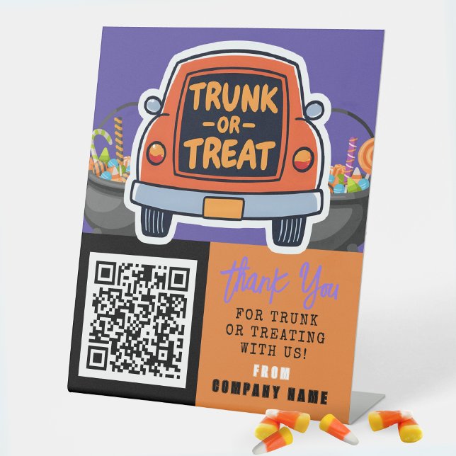 Trunk or Treat Halloween Business Thank You Pedestal Sign (Trunk or Treat Standing Business Display Sign, Personalize with your QR Code & Company Name)