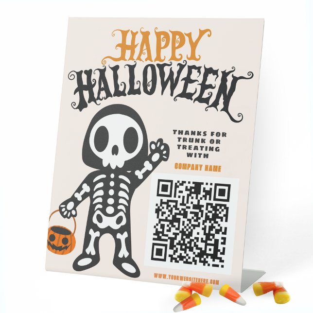 Trunk or Treat Skeleton Business Thank You Pedestal Sign (Skeleton Halloween Trick or Treat Standing Business QR Code Display Sign)