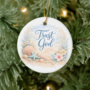 "Trust God" Coastal Beach Watercolor Christian Ceramic Tree Decoration