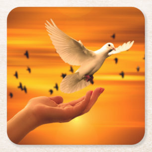 Trust God with Dove in Hand Square Paper Coaster