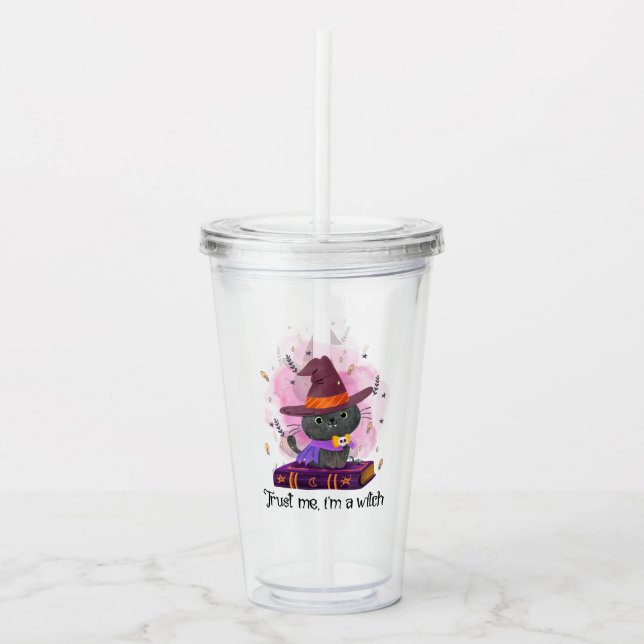 Trust Me I'm A Witch – Witch Cat on Magic Book Acrylic Tumbler (Front)