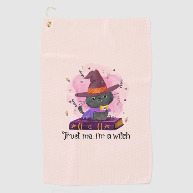 Trust Me I'm A Witch – Witch Cat on Magic Book Golf Towel (Front)