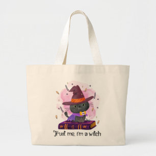 Trust Me I'm A Witch – Witch Cat on Magic Book Large Tote Bag