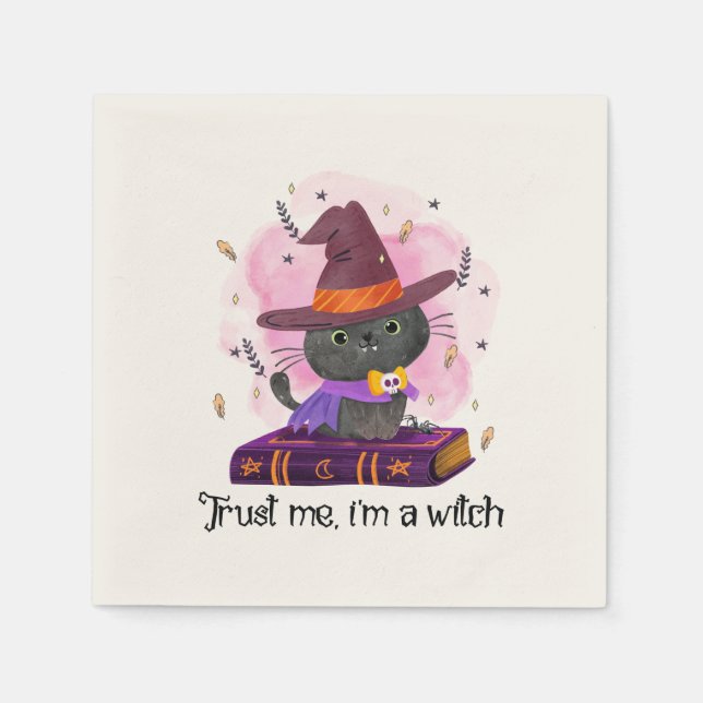 Trust Me I'm A Witch – Witch Cat on Magic Book Napkin (Front)