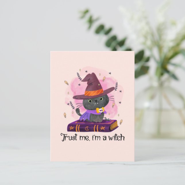 Trust Me I'm A Witch – Witch Cat on Magic Book Postcard (Standing Front)