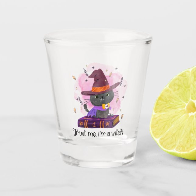Trust Me I'm A Witch – Witch Cat on Magic Book Shot Glass (Front)