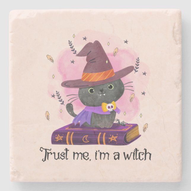 Trust Me I'm A Witch – Witch Cat on Magic Book Stone Coaster (Front)