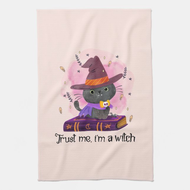 Trust Me I'm A Witch – Witch Cat on Magic Book Tea Towel (Vertical)