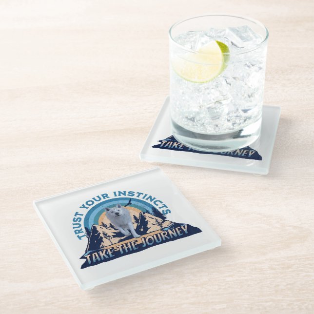 Trust Your Instincts Arctic Wolf Adventure Art Glass Coaster (Angled)