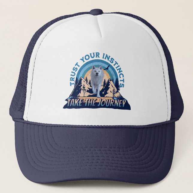 Trust Your Instincts Arctic Wolf Adventure Art Trucker Hat (Front)