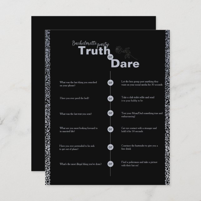 Truth Dare Gothic Floral Bachelorette Party Game (Front/Back)