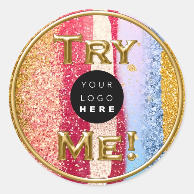 Try Me Logo Gold Tester Sample Container Glitter Classic Round Sticker (Front)