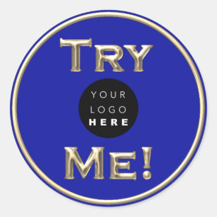 Try Me Logo Tester Sample Gold Blue Small Business Classic Round Sticker