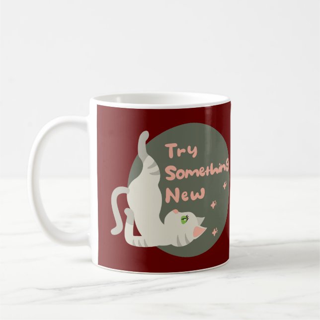 Try something new Kawaii white cat doing yoga pose Coffee Mug (Left)