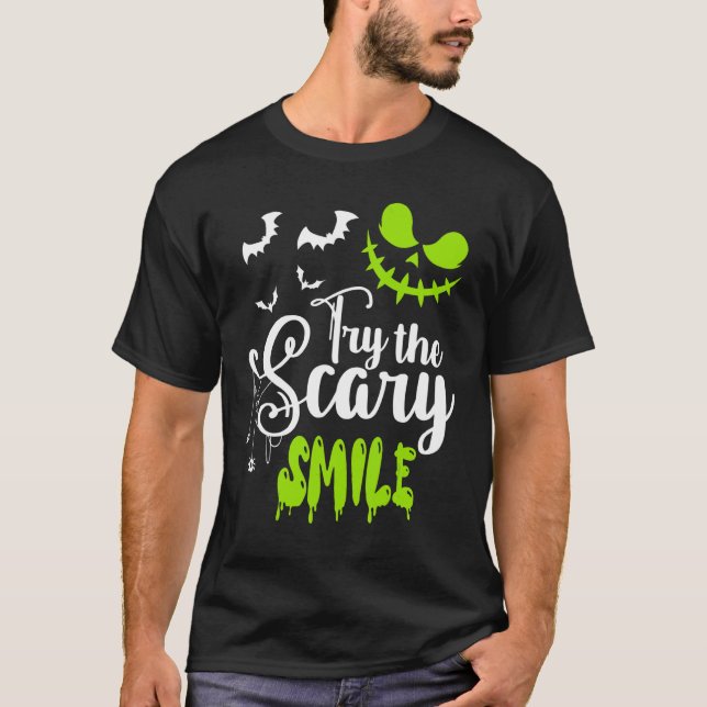 Try The Scary Smile Pumpkin Jack O Lantern Face T-Shirt (Front)