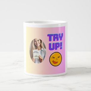 Try Up! Fun Emoji Design for Holiday Cheer Large Coffee Mug