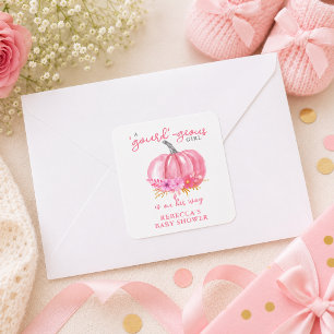  t's a Girl Fun Pun Pink Pumpkin Baby Girl Shower Square Sticker