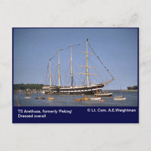 TS Arethusa, formerly 'Peking'  with flags Postcard