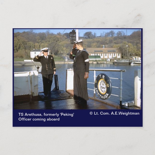 TS Arethusa,officer coming aboard Postcard (Front)