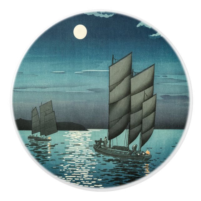Tsuchiya Koitsu - Boats at Shinagawa, Night Ceramic Knob (Front)