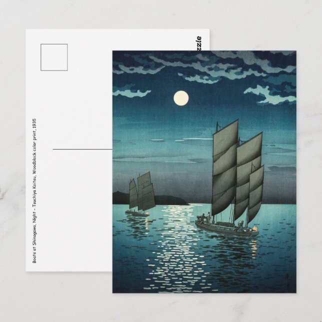 Tsuchiya Koitsu - Boats at Shinagawa, Night Postcard (Front/Back)