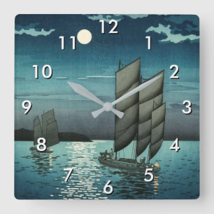 Tsuchiya Koitsu - Boats at Shinagawa, Night Square Wall Clock
