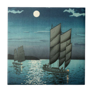 Tsuchiya Koitsu - Boats at Shinagawa, Night Tile