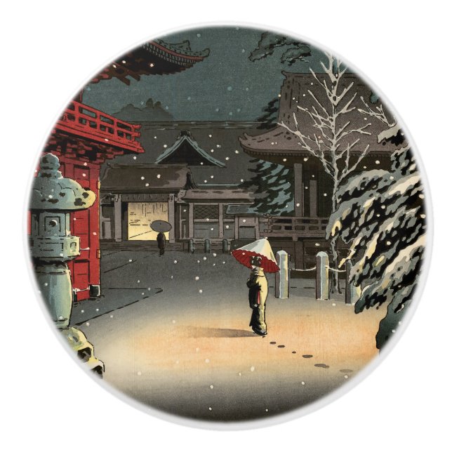 Tsuchiya Koitsu - Snow at Nezu Shrine Ceramic Knob (Front)