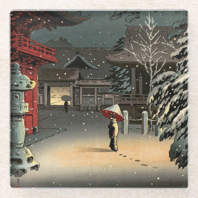 Tsuchiya Koitsu - Snow at Nezu Shrine Glass Coaster (Front)