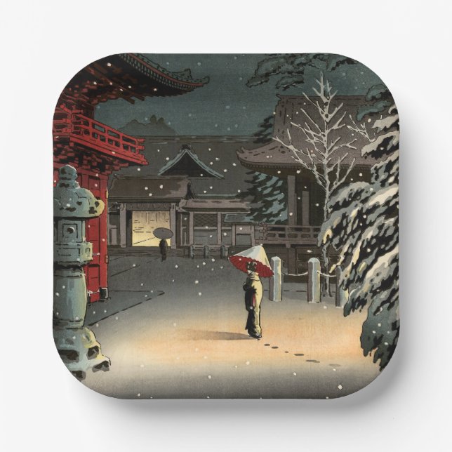 Tsuchiya Koitsu - Snow at Nezu Shrine Paper Plate (Front)