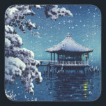 Tsuchiya Koitsu - Snow on the Ukimido at Katada Square Sticker<br><div class="desc">Snow on the Ukimido at Katada (Yuki no Katada Ukimido) - Tsuchiya Koitsu,  Woodblock colour print,  1934</div>