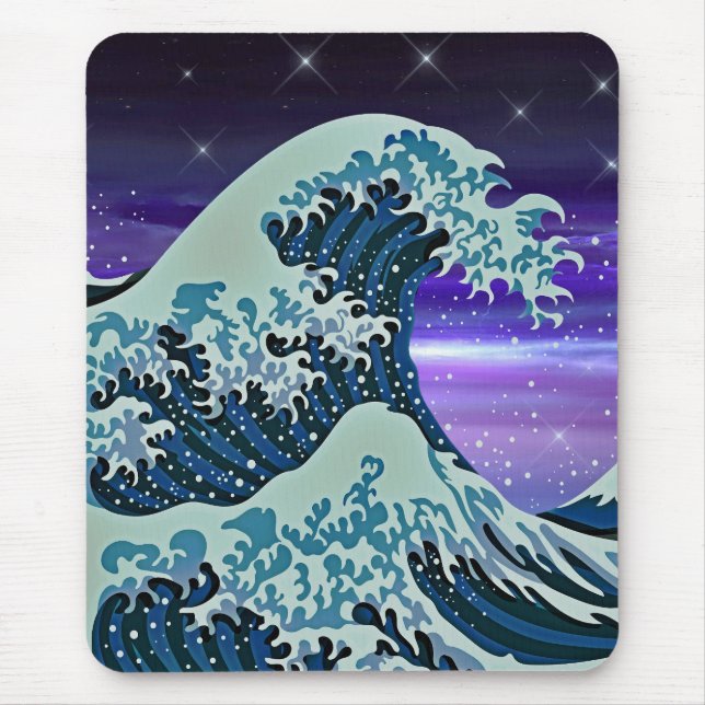 Tsunami Blue Wave with Stars Asian Artistic Mouse Mat (Front)