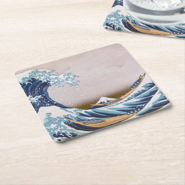 Tsunami Great Wave off Kanagawa Japan by Hokusai Square Paper Coaster (Angled)