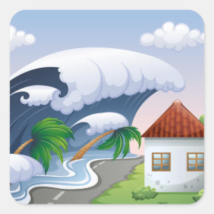 Tsunami Wave Hitting Coastal Road Tropical Storm Square Sticker