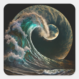 Tsunami wave in the glow of moonlight. square sticker