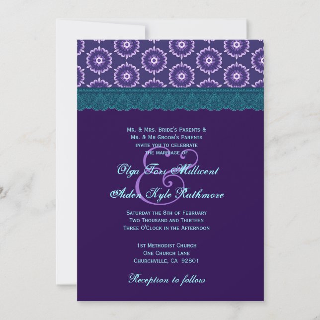 TT024 Teal Blue and Purple Lace Wedding Monogram Invitation (Front)